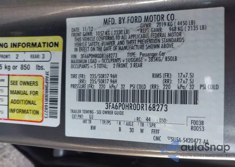 2013 Ford Fusion Se from USA, damaged, VIN 3FA6P0HR0DR168273